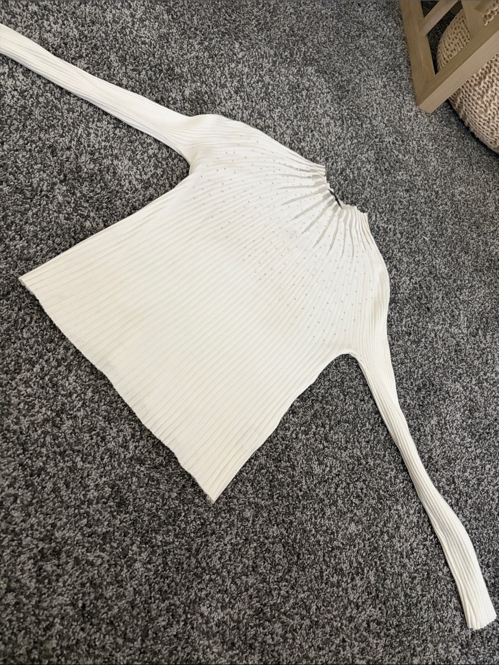 7 Mango Women's Cream Ribbed High-Neck Sweater with Subtle Embellishments
